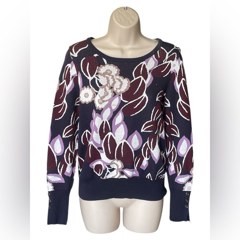 Ann Taylor Soft Purple Floral Crew Neck Glitter Flowers Sweater